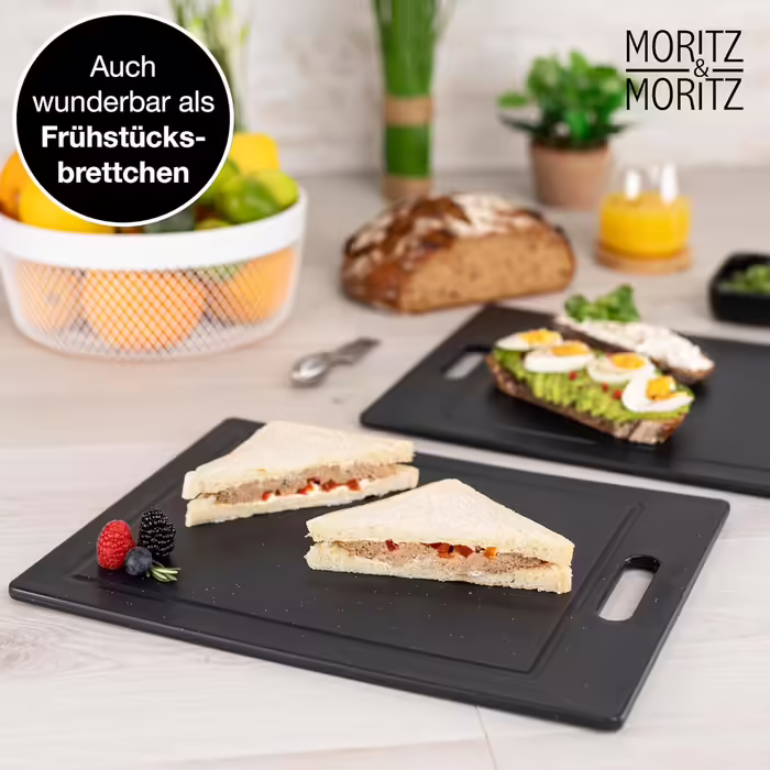 Набір обробних дощок Moritz & Moritz 2 шт. 36x27,5 см, пластик, без BPA, гранітний дизайн, з антиковзними ніжками та отвором для захвату, з канавкою для соку, чорні, великі для кухні