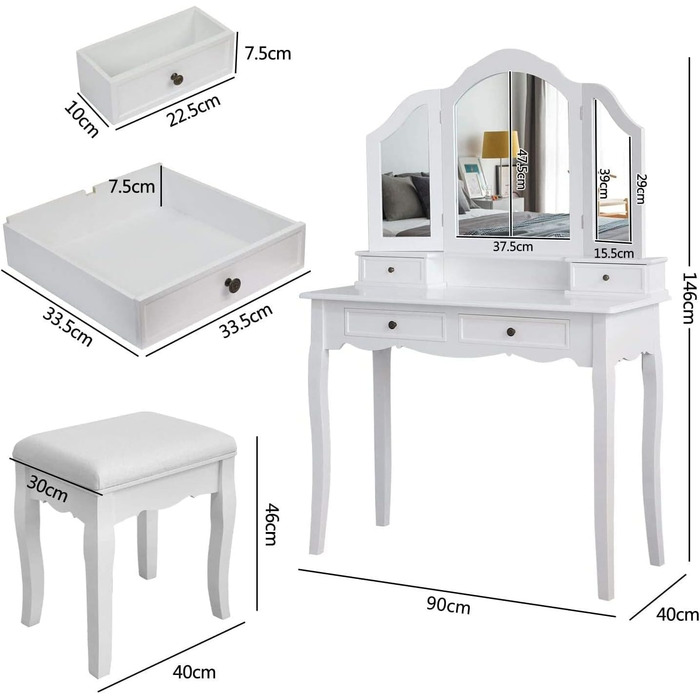Туалетний столик Meerveil з табуреткою, 3 дзеркала, 4 ящики, нековзний, білий