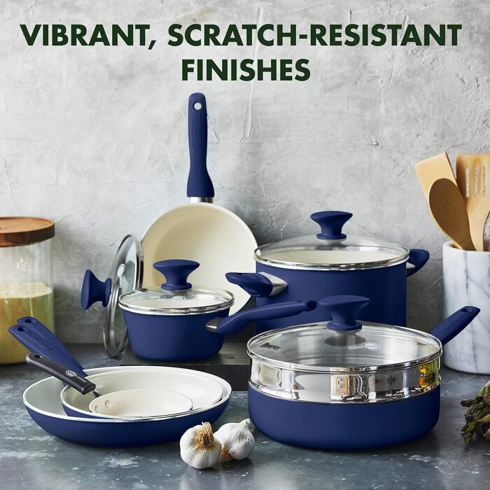 Набір посуду GreenPan Rio 16 предметів, антипригарне покриття з кераміки, без PFOA та PFAS, для здорового приготування, легко миється, сумісний з посудомийною машиною, синій