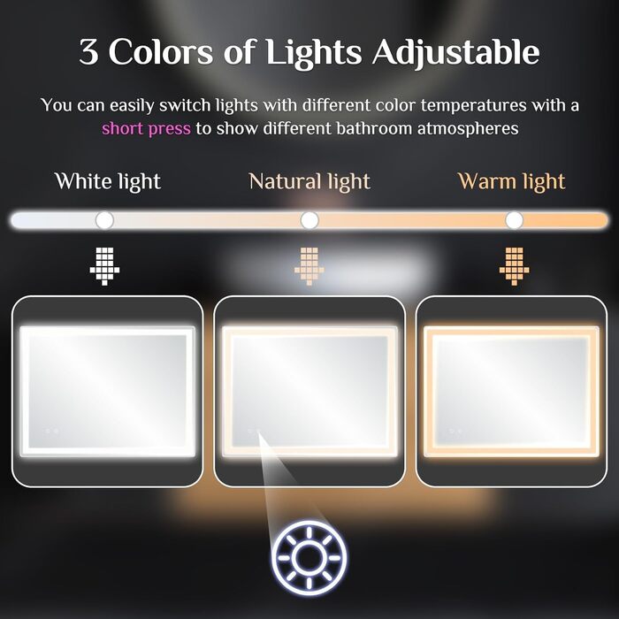 Дзеркало для ванної кімнати Clevich з підсвічуванням 80x60 см, LED, 3 кольори світла, регулювання яскравості, захист від вибуху, сенсорне управління, функція пам'яті, антизапар, 80L x 60B см