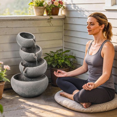 Гарний садовий фонтан з штучного каміння на 4 рівнях з LED-підсвіткою та насосом. Імітує природний камінь, розміри: 35 x 32 x 50 см.