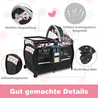 Дитяче туристичне ліжко COSTWAY 5 в 1 з матрацом, бебі-ліжко, ліжко-гойдалка з регульованим козирком, пеленальний столик, музична іграшка та сумка, до 15 кг