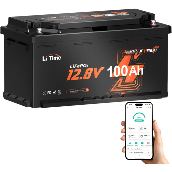 Акумулятор LiTime LiFePO4 12 В 100 Ач, Bluetooth, 4000 циклів, термін служби 10 років, заміна свинцево-кислотного