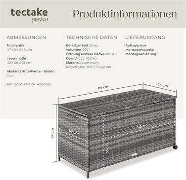 Скриня для саду Tectake з ротангу (поліротанг) чорна, 297л, 117x54x64 см - водонепроникна, з кришкою, на колесах, для тераси, балкону
