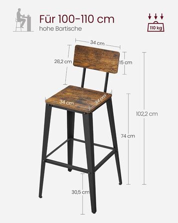 Набір стільців VASAGLE Bar з 2 шт. , зі спинкою, сталь, промисловий дизайн, вінтажний коричнево-чорний