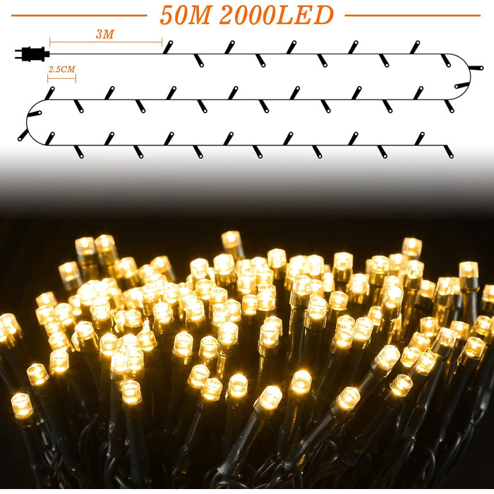 Світлодіодний струнний світильник 25 м, 8 режимів, IP44, внутрішня/зовнішня, різдвяна прикраса, 50M2000LED, 1000