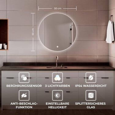 Дзеркало для ванної кімнати BR Bringer LED Round 80см з підсвічуванням, антизапарюванням, димуванням, 3 кольори світла, сенсорне управління та функція пам'яті (BRRS201)