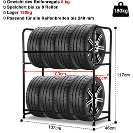 Стеляжка для шин 107x46x117 см - стелаж для зберігання 8 шин, місткість 180 кг, з захисними чохлами, для гаража, підвалу, майстерні