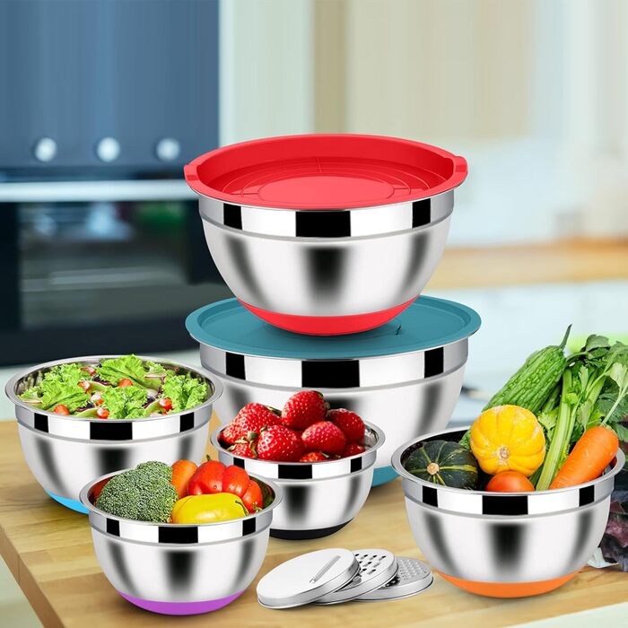 Набір місок Homikit з нержавіючої сталі, 6 шт. з тертками, кришками та силіконовим дном, 4.6/2.8/2.5/1.6/1.2/0.7 л, багатобарвний