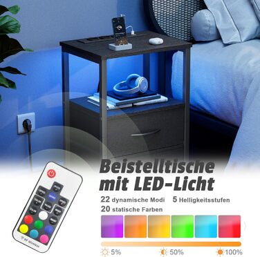 Нічний столик з LED-підсвіткою та функцією зарядки, з ящиком, 3 розетки AC та USB, для вітальні та спальні (40T x 30B x 60H cm, Чорний, 2 шт.)