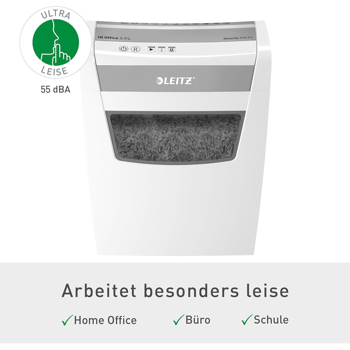 Шредер Leitz IQ Office S: Безпека P4, 12 листів, тиха робота, для офісу, білий