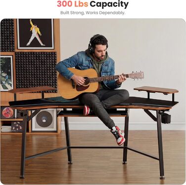 Ігровий стіл EUREKA ERGONOMIC 160x74 см з крилами для геймінгу, PC, Home Office, Live Streaming, 2 слоти для iPad, горіховий колір