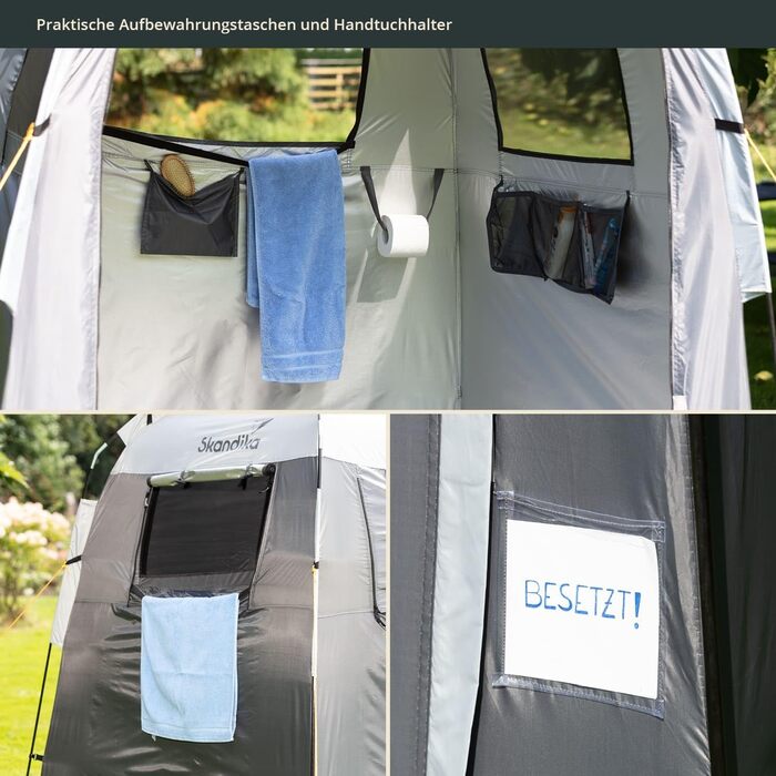 Душовий та кемпінговий намет-роздягальня Skandika: висота 230 см, світловідбиваюче покриття, непрозорий, з підлогою та вікнами