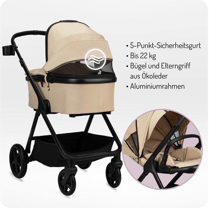 Дитяча коляска MoMi GISELLE 2 в 1 комбінована, бежева: для малюків від народження до 22 кг, з 5-точковим ременем безпеки, збірно-розкладна, з кошиком, матрацом, дощовиком та пеленатором