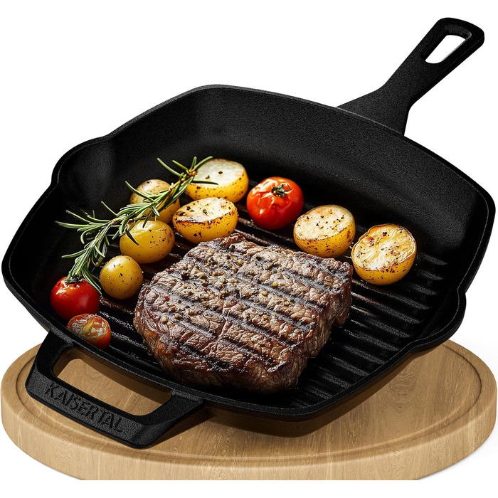 Сковорода-гриль KaiserTal з чавуну 27 см – для стейків та смаження на грилі – сумісна з індукцією, газом та духовкою