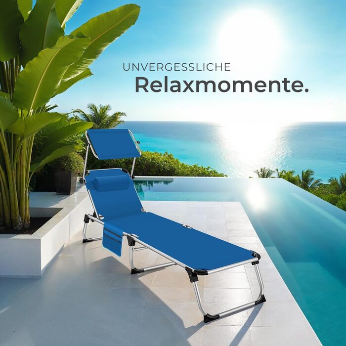 Шезлонг Tectake з дахом, шезлонг для балкона з алюмінію, складаний садовий шезлонг, стійкий до погодних умов, лежак для саду, кемпінгу та пляжу, регульована спинка, подушка для голови, бічна кишеня - сірий меланж (блакитний)