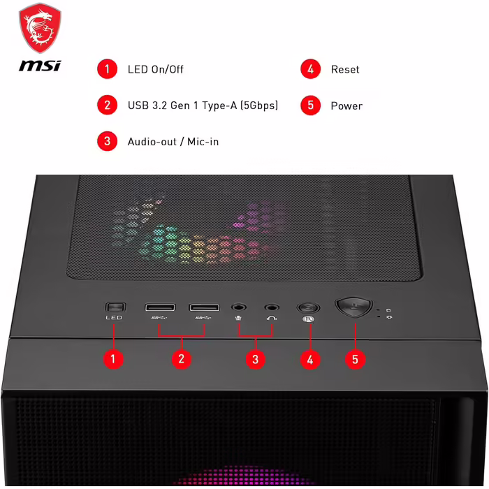 Корпус для ПК MSI MAG Forge 120A Airflow, Mid-Tower, ATX, підтримка RTX 40, Auto-RGB вентилятори, магнітні пилові фільтри, загартоване скло, USB 3.2 Gen1 Typ-A