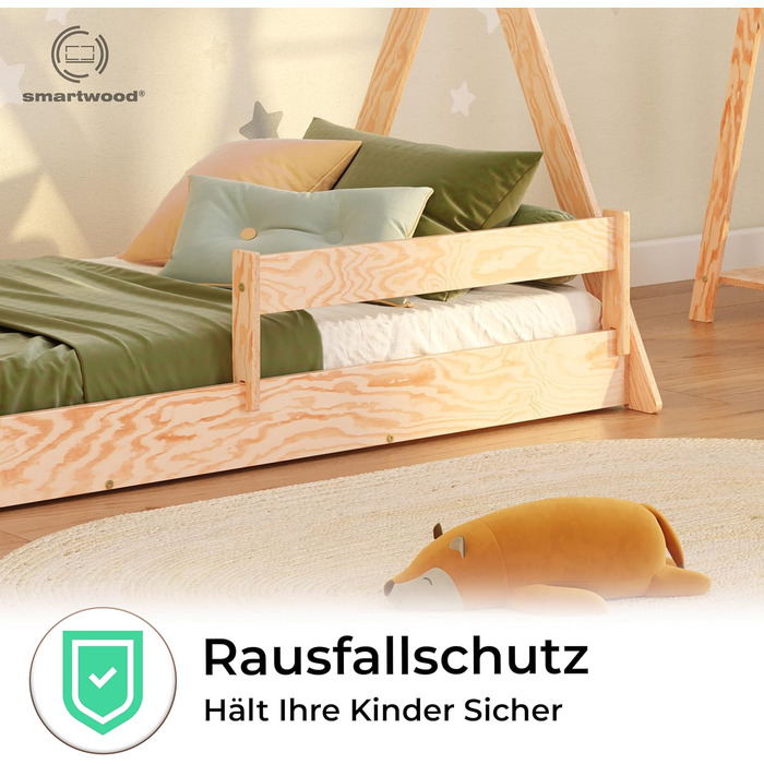 Дерев'яне ліжко-дитячий будиночок Smartwood 90x200 - Монтессорі Tipi F з сосни з сертифікатом FSC, захист від падіння та ламелі до 230 кг для хлопчиків та дівчаток, проста збірка, ліжко на підлозі