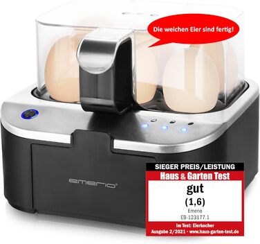 Електричний яйцеварка Emerio SIEGER: 3 ступені нагріву, голосове сповіщення, BPA Free, EB-123177.1, чорний/сріблястий