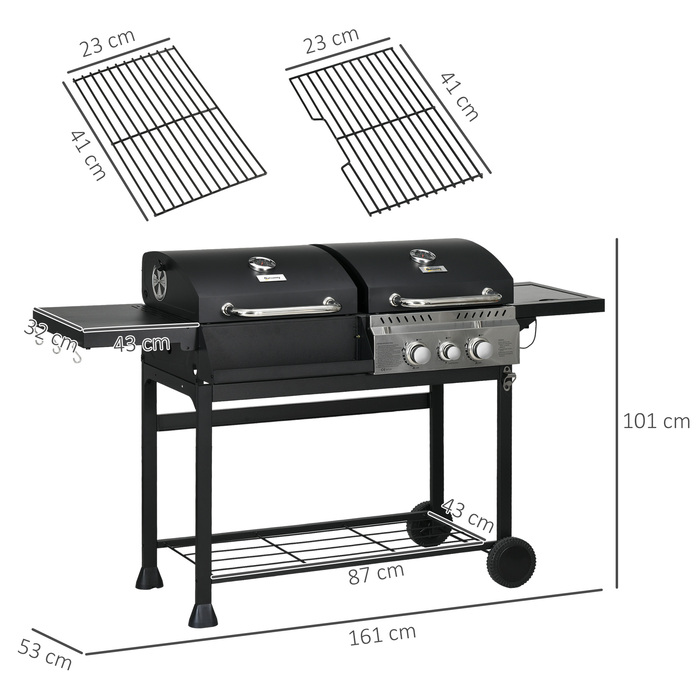 Outsunny Grillwagen Gasgrill з 2+1 пальником, термометром, 3 кВт вугільним грилем з полицею, бічною підставкою, гачками, гриль для кемпінгу зі шлангом для саду, балкону, чорний | Aosom