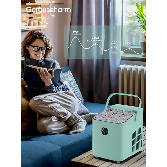Льодогенератор FOHERE 14 кг/добу, швидке виробництво льоду (5 хв), 2 розміри кулеподібного льоду, самоочищення, м'ятний колір