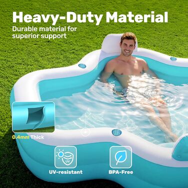 Надувний басейн SLOOSH з сидіннями, 305 x 257 x 66 см, сімейний басейн для відпочинку з підголівниками та тримачами для напоїв, ідеальний для літньої вечірки в саду або на газоні, колір блакитний