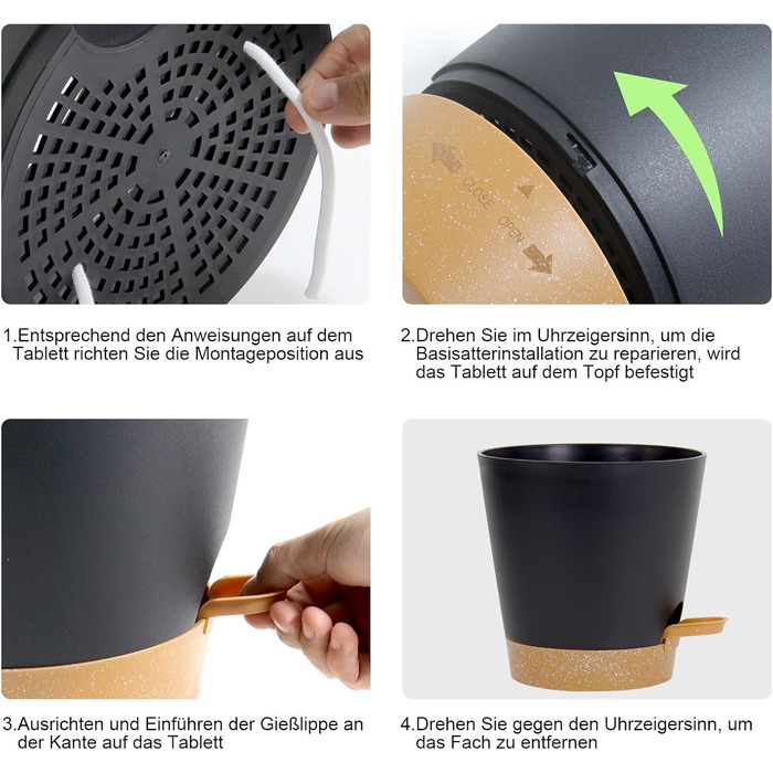 Набір горщиків для квітів 6 шт. з автополивом, 20.3-12.7 см, з підставкою, для дому та балкону, чорний/коричневий