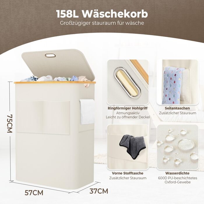 Кошик для білизни OUSFOT з кришкою, 3 відділення, 158л, розкладний, з мішком для білизни, з кишенею, бамбукова коробка для сортування білизни, бежевий