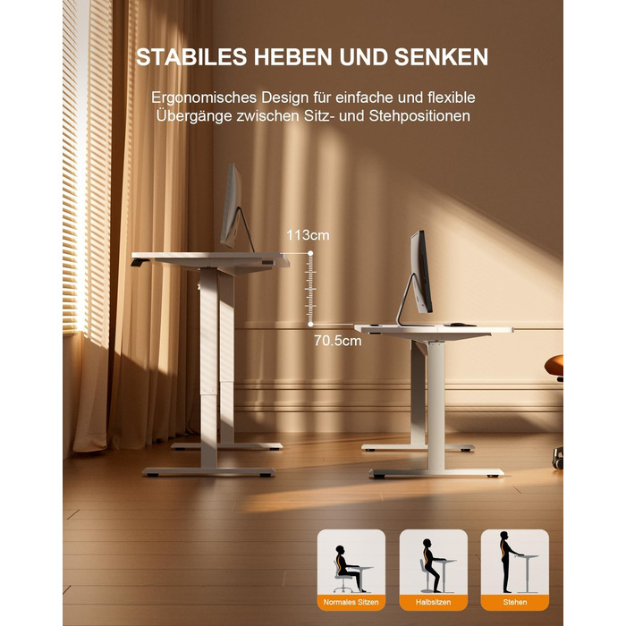 Регульований стіл з USB-зарядкою та розеткою, 100 × 60 см. Електричний стіл, регульований комп'ютерний стіл з 3-функціональною пам'яттю, білий. 100 x 60 см