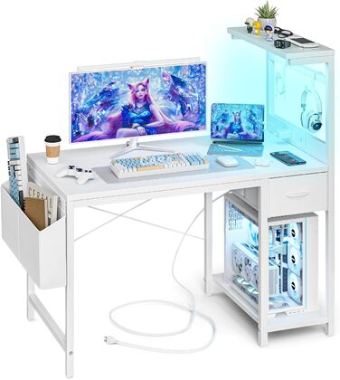 Ігровий стіл Grandder 120 см з розеткою та LED-підсвіткою, білий. Комп'ютерний стіл з регульованими полицями та ящиком, для дому та офісу 120 x 50 см