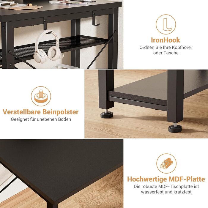 Ігровий стіл з LED підсвічуванням та розетками, стіл для комп'ютера з USB, стіл для ПК з підставкою для монітора, сучасний офісний/письмовий стіл для офісу та ігрової кімнати, чорний