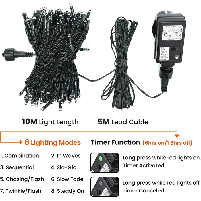 Гірлянди Moxled - 10M 100 LED теплого білого кольору, таймер, функція пам'яті, водонепроникні, 8 режимів, різдвяна прикраса для саду