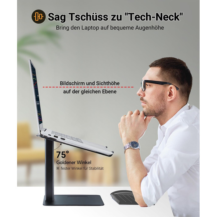 Регульований підставка для ноутбука, стійка для ноутбука на стіл, можливість стоячи, підставка для DJ, компактна альтернатива столу, сумісна з MacBook та ноутбуками 13'-16.5', чорний Polar-Schwarz