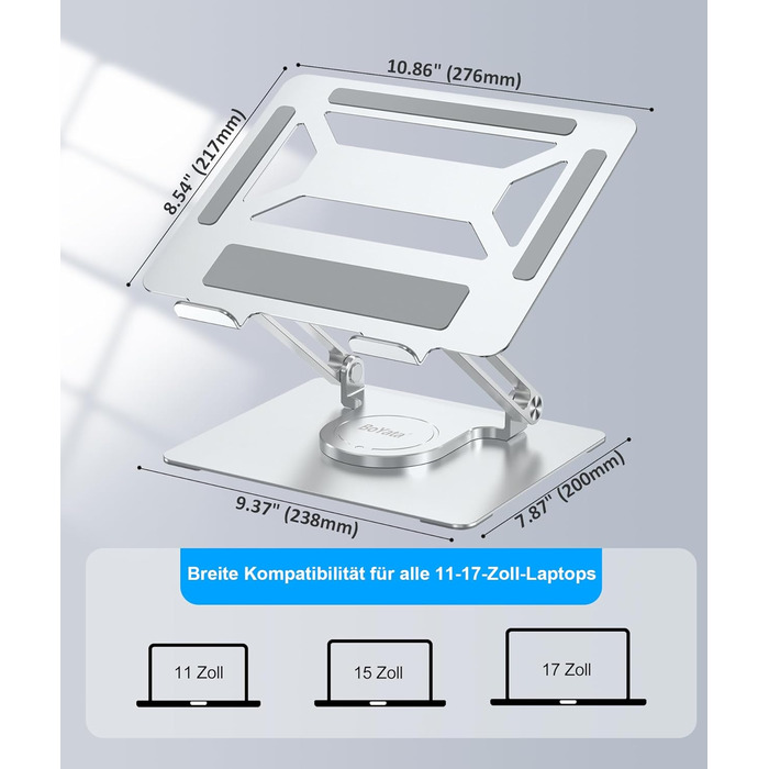 Підставка для ноутбука BoYata настільна, регульована, з поворотним основанням 360°, ергономічна, складана, сумісна з MacBook Pro/Air, до 17 дюймів - срібна