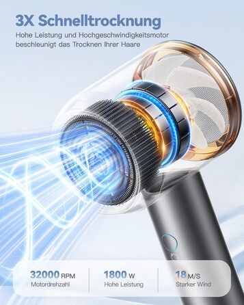 Іонний фен для волосся DEWILY з дифузором 1800 Вт, 3 температурних режими, компактний дорожній сунич для кучерявого волосся (сіро-чорний)