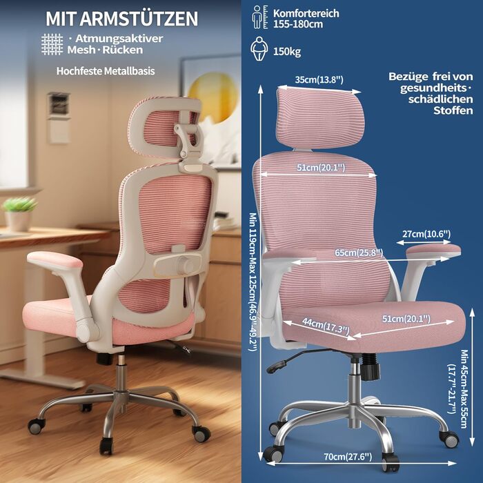 Ергономічне крісло TRALT для офісу та дому: ігрове крісло з регульованою підголівником та поперековою підтримкою, mesh-крісло, 150 кг, рожеве