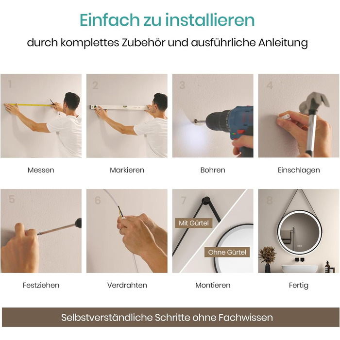 Дзеркало для ванної кімнати EMKE з підсвічуванням, діаметр 50 см, чорний каркас, регульована яскравість, 3 кольори світла, антизапар, сенсорне керування, функція пам'яті