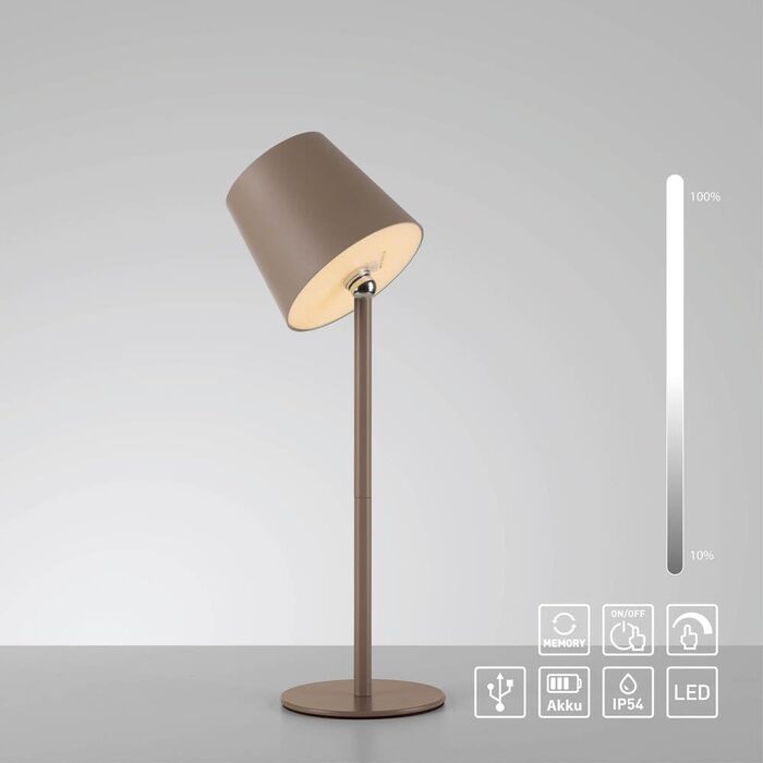 LED настільна лампа SellTec на акумуляторі, USB, біла, диммер, IP54, для саду, кемпінгу, балкону або тераси (пісок)