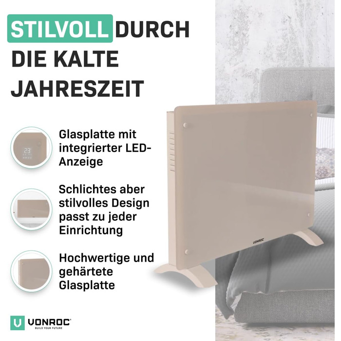 Електричний конвекторний обігрівач VONROC - 1500W, білий. Економний обігрівач для дому, 15-24 м²