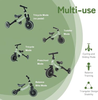 Бесрей 5-в-1 Дитячий Біговел, Триколісний Велосипед для Малюків 1-4 Років (Трав'янисто-зелений)