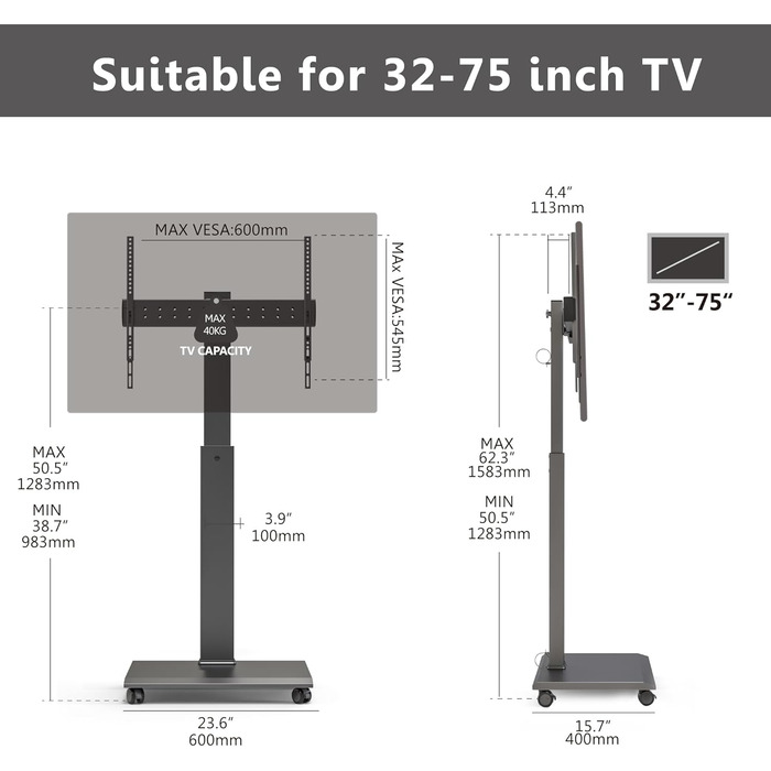 Підставка під телевізор FITUEYES Rollable для телевізорів 32-75 дюймів, регульована по висоті, до 40кг, VESA 600x400 мм