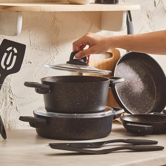 Набір каструль та сковорідок Karaca Ceramica Steel 3Ply: 13 предметів, чорний/золотий, з нержавіючою сталлю та керамічним покриттям