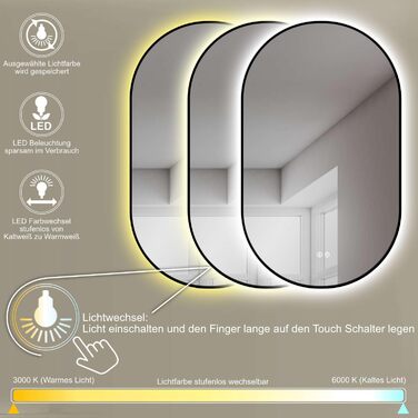 Дзеркало LED HOKO Design ANTIBESCHLAG овальне 45x75 см Bologna+ Metall Rahmen Schwarz. LED підсвічування, сенсорна кнопка, регулювання кольору світла (тепле біле, холодне біле, нейтральне), антизапарник, монтаж HOCH+QUER, 75L x 45B см