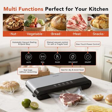 Вакууматор для продуктів з нержавіючої сталі SJ2085: потужність 85 кПа, режими «Сухий/Вологий», подвійна герметизація, LED-панель та зовнішній відсмоктувач, 20 пакетів у комплекті