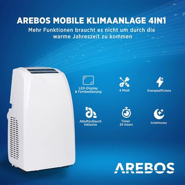 Мобільний кондиціонер Arebos 4в1 12 000 BTU/год 3 режими швидкості Кондиціонер Очищувач повітря Клімат Вентилятор з дистанційним керуванням Повітроохолоджувач Осушувачі повітря Нічний режим Білий