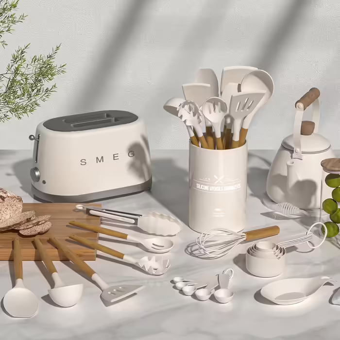 Набір кухонного приладдя Umite Chef, 24 предмети, антипригарний силікон, з дерев'яними ручками та підставкою, жаростійкий шпатель і ложки