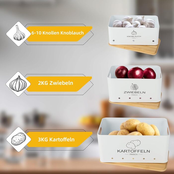 Набір контейнерів для зберігання картоплі, цибулі та часнику - 3 шт. (Бежевий, прямокутний)