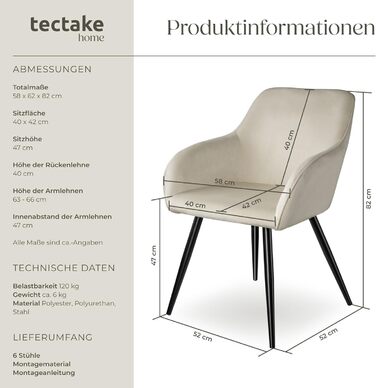 Тектейк® сучасний стілець для їдальні з підлокітниками, сидіння з велюру, крісло для вітальні, оббитий офісний стілець з чорними металевими ніжками, стілець для туалетного столика - коричневий/чорний (набір 6 шт., кремовий чорний)