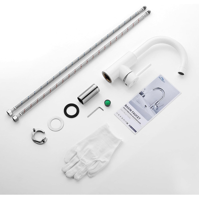 Змішувач для ванної кімнати/кухні Auralum з поворотним гусаком 360°, з високоякісної латуні, з підключенням 60 см, однорідний змішувач (білий)