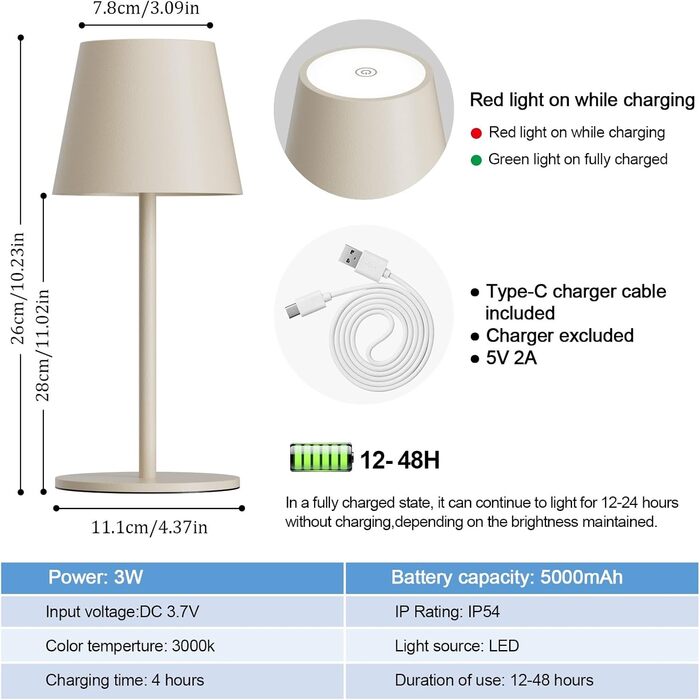 Лампа настільна LED акумуляторна Lundwa 26 см, 5000 mAh, IP54, 3W, 3000K, для кемпінгу, ресторану, спальні, бару (1 шт.)